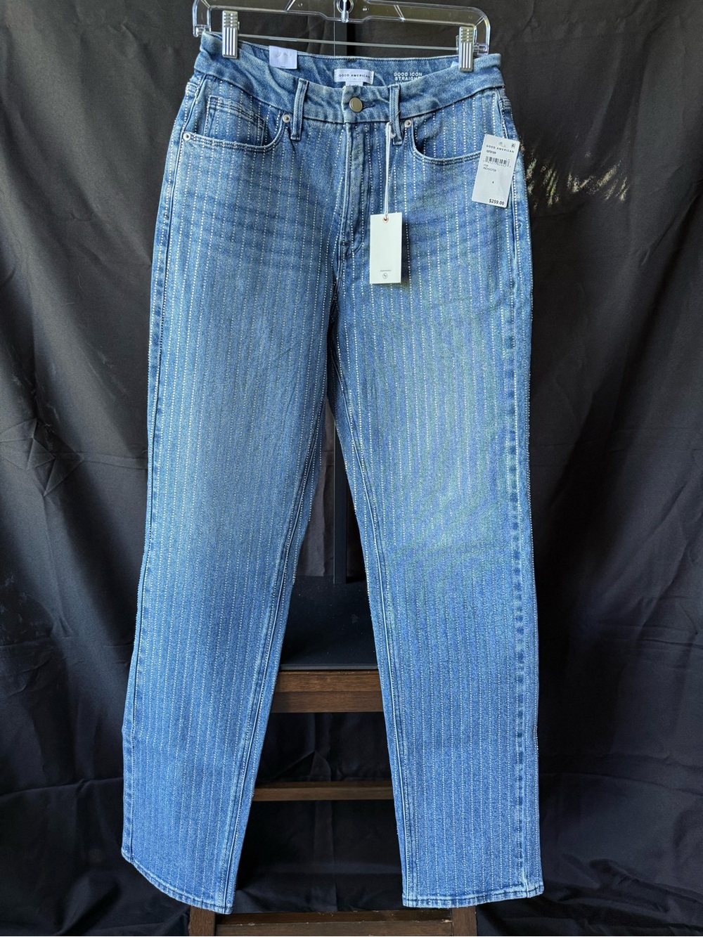 Good American Blue Straight-Leg Jeans with Pinstripe Detail